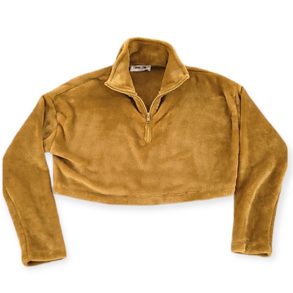 Crop Sweatshirt Half Zip Pullover Sweater Mustard Yellow Plushy Fuzzy Size Small - Picture 1 of 6